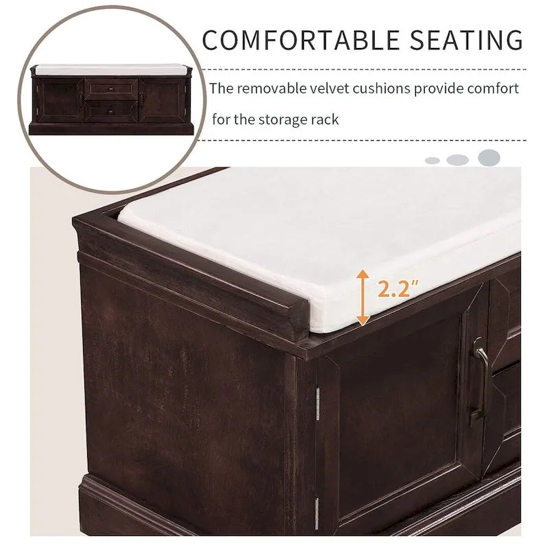 Banc de rangement capitonné de style campagnard avec 2 tiroirs et 2 placards
