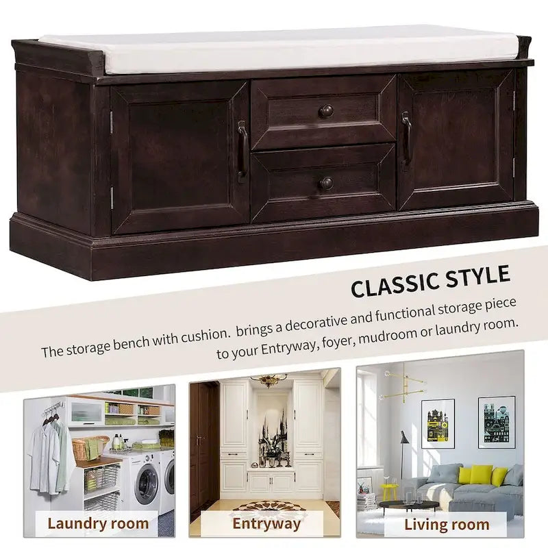 Banc de rangement capitonné de style campagnard avec 2 tiroirs et 2 placards