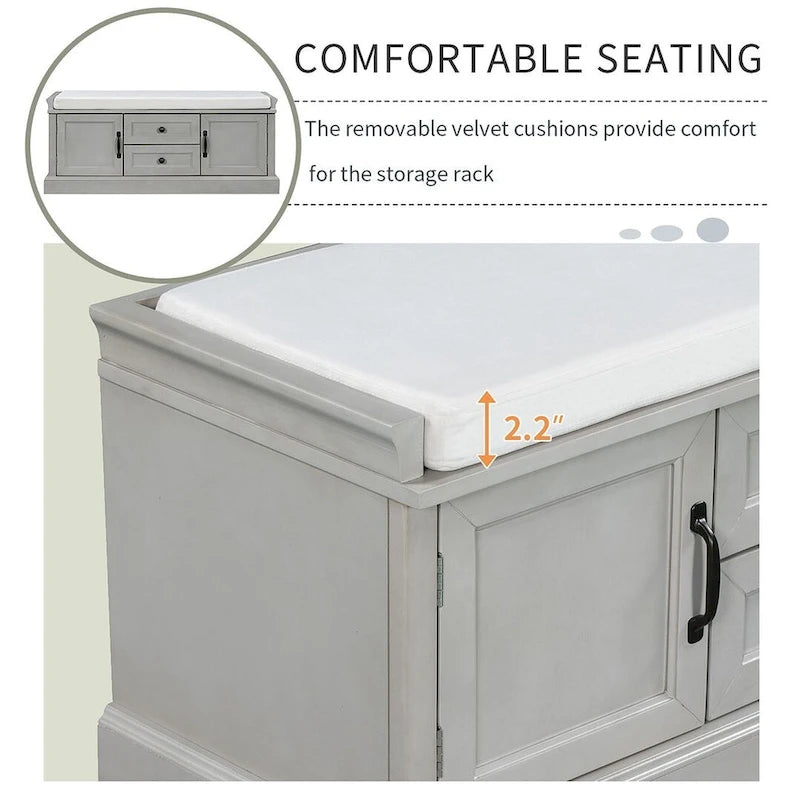 Banc de rangement capitonné de style campagnard avec 2 tiroirs et 2 placards