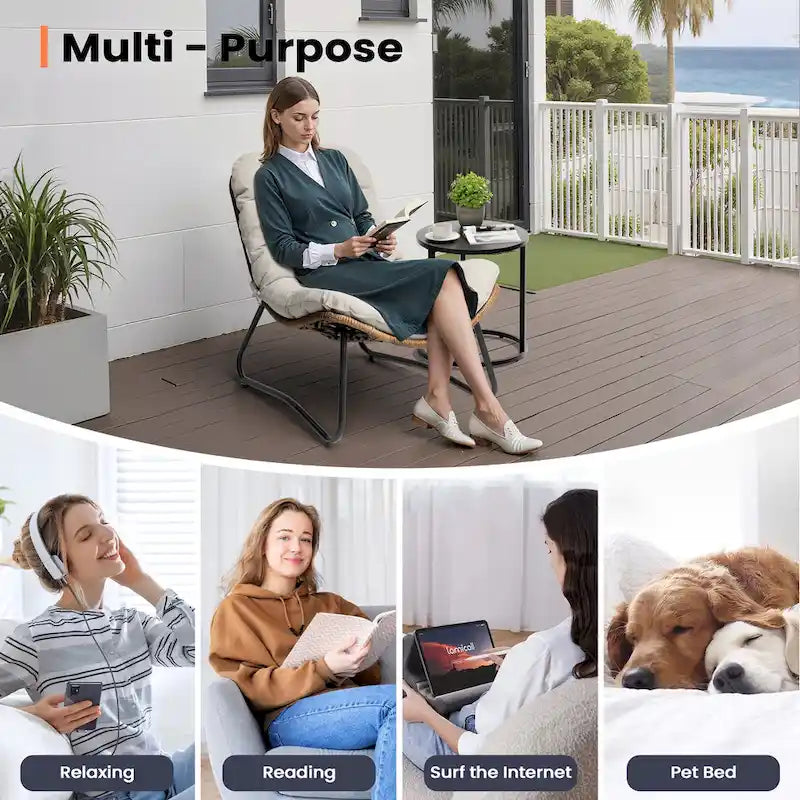 Fauteuil Papasan 2 pièces en rotin PE avec coussin pour intérieur et extérieur
