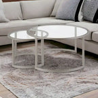 Lot de 2 tables basses gigognes rondes en verre et acier de 36 po – 36 x 36 x 18
