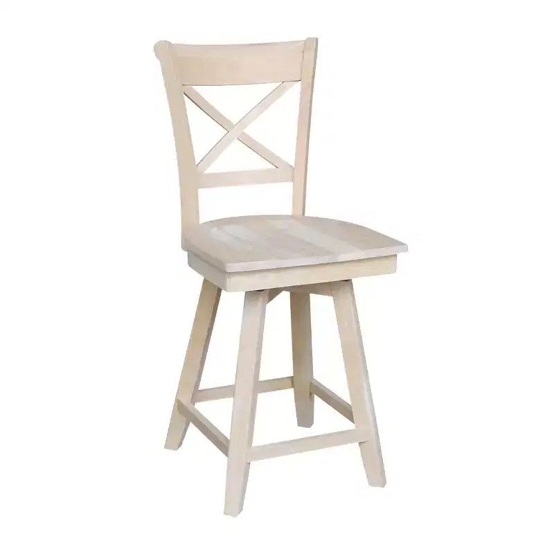 Tabouret de bar Charlotte à hauteur de comptoir avec pivot et retour automatique non fini - International Concepts : Structure en bois, Dossier en X, Nettoyage des taches