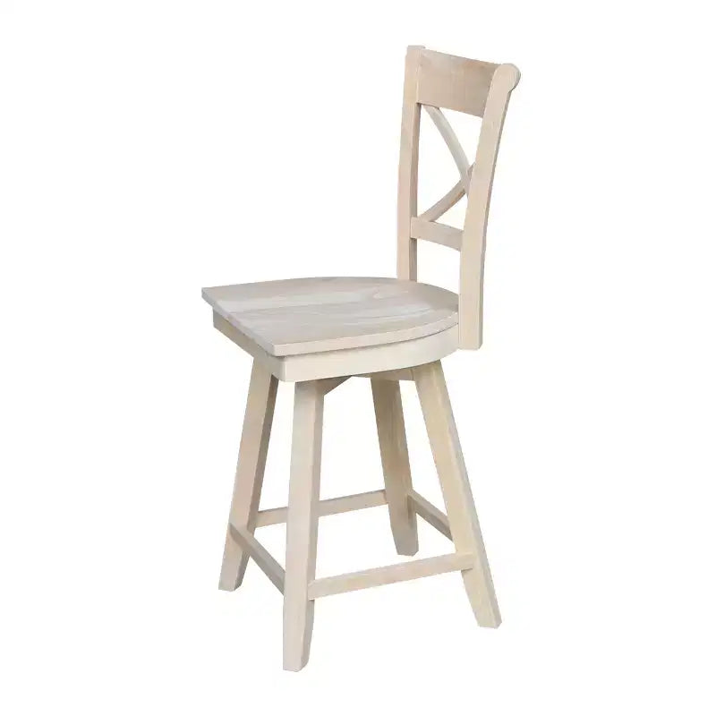 Tabouret de bar Charlotte à hauteur de comptoir avec pivot et retour automatique non fini - International Concepts : Structure en bois, Dossier en X, Nettoyage des taches