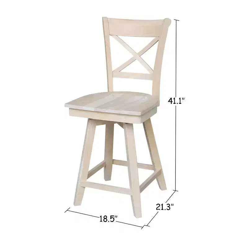 Tabouret de bar Charlotte à hauteur de comptoir avec pivot et retour automatique non fini - International Concepts : Structure en bois, Dossier en X, Nettoyage des taches
