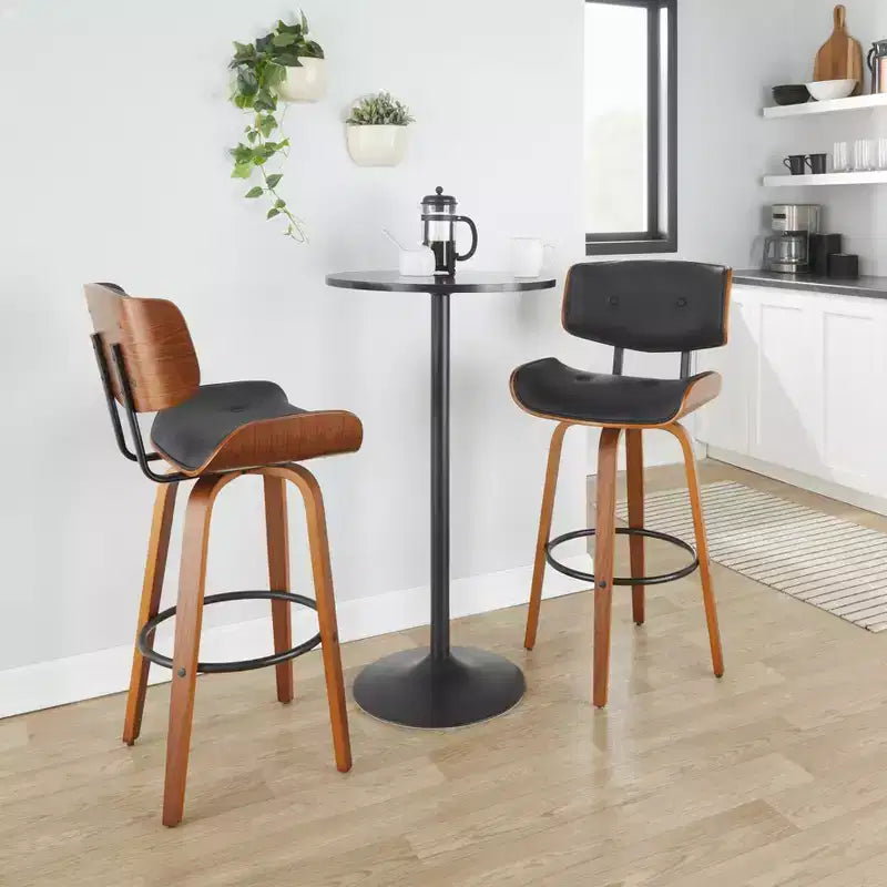 Lot de 2 tabourets de bar Lombardi Noyer/Noir - LumiSource : Hauteur fixe mi-siècle, capitonnés, assise 77,5 cm