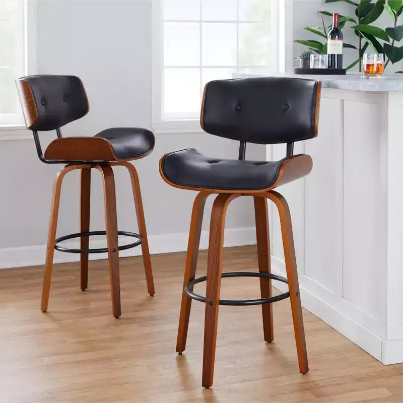 Lot de 2 tabourets de bar Lombardi Noyer/Noir - LumiSource : Hauteur fixe mi-siècle, capitonnés, assise 77,5 cm