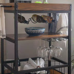Chariot de cuisine industriel en métal et bois Austin 3 étagères, porte-bouteilles et verres, rangement sur roulettes - Linon