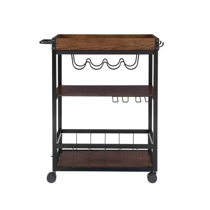 Chariot de cuisine industriel en métal et bois Austin 3 étagères, porte-bouteilles et verres, rangement sur roulettes - Linon