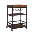 Chariot de cuisine industriel en métal et bois Austin 3 étagères, porte-bouteilles et verres, rangement sur roulettes - Linon