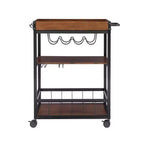 Chariot de cuisine industriel en métal et bois Austin 3 étagères, porte-bouteilles et verres, rangement sur roulettes - Linon