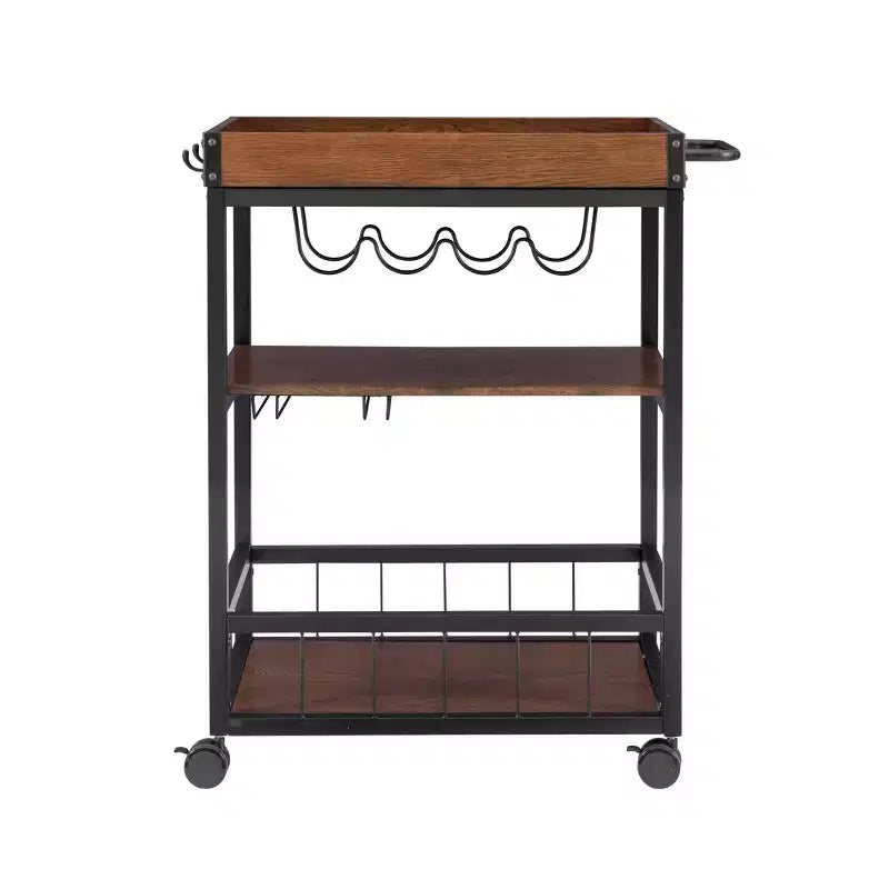Chariot de cuisine industriel en métal et bois Austin 3 étagères, porte-bouteilles et verres, rangement sur roulettes - Linon
