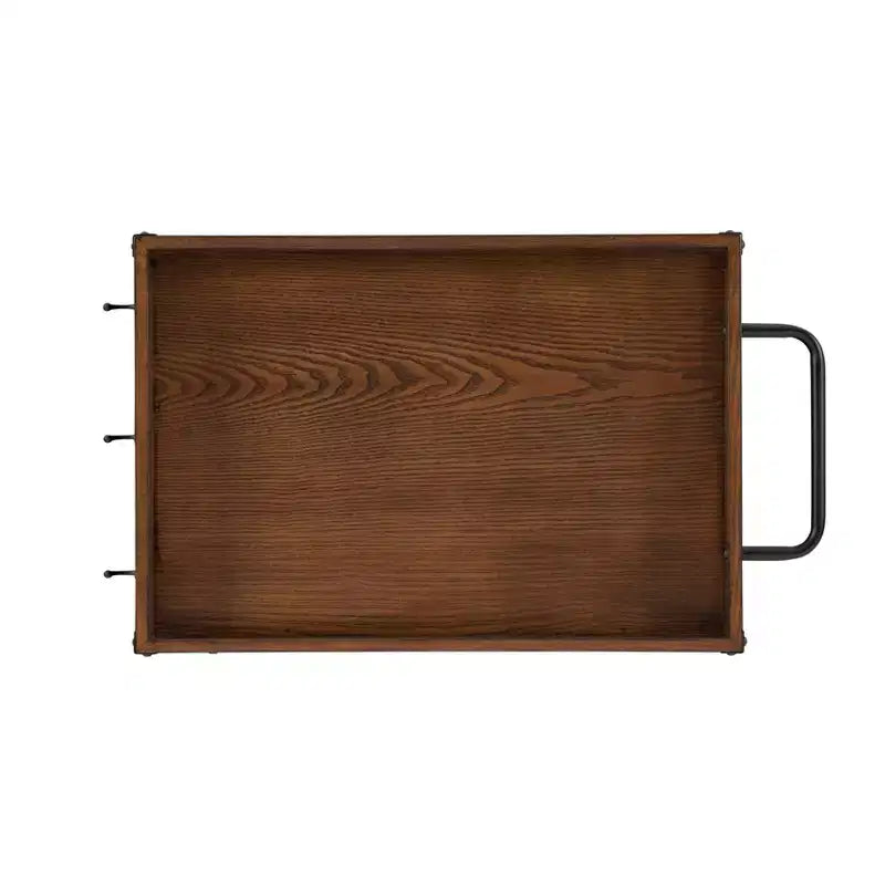 Chariot de cuisine industriel en métal et bois Austin 3 étagères, porte-bouteilles et verres, rangement sur roulettes - Linon