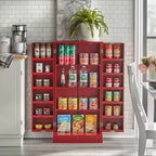 Garde-manger utilitaire bilatéral rouge : style transitoire, construction en MDF, 3 étagères réglables, 10 compartiments de porte