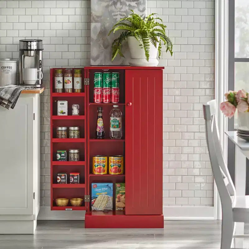 Garde-manger utilitaire bilatéral rouge : style transitoire, construction en MDF, 3 étagères réglables, 10 compartiments de porte