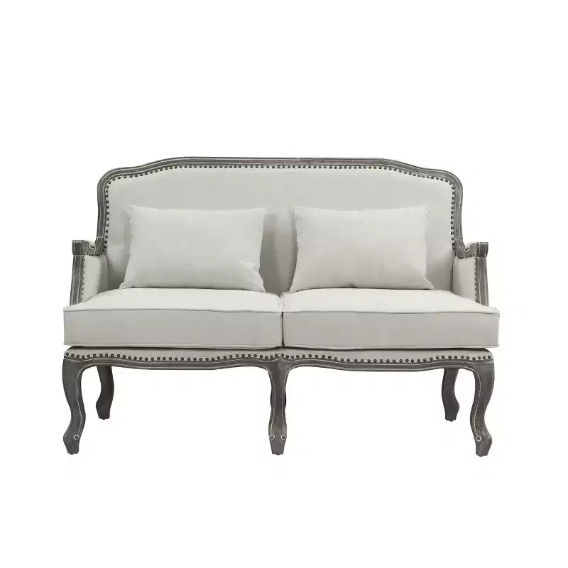 Canapés Tania 56" Lin Crème et Finition Marron - Acme Furniture : Cabriole Française, Clous Décoratifs, Aucun Assemblage Requis