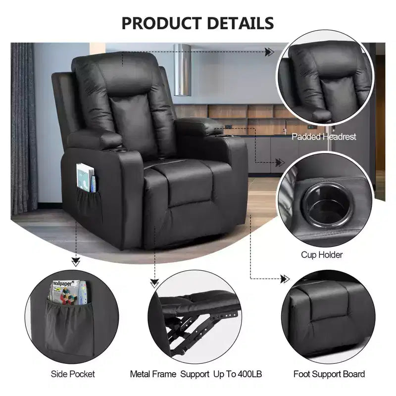 COMHOMA Fauteuil Inclinable à Levier Latéral, en Cuir PU, avec Fonction Chauffante et Massage, Noir