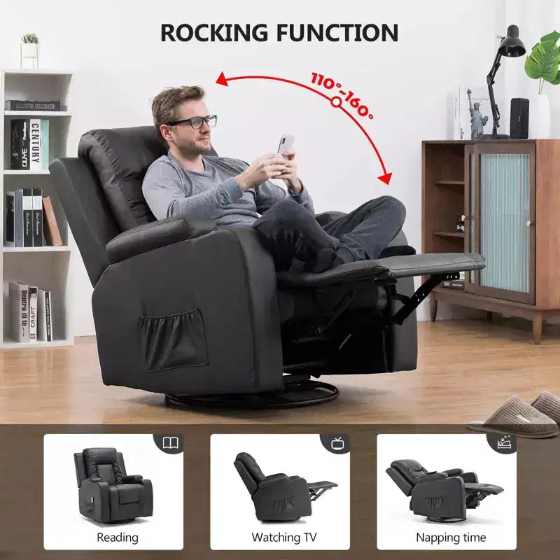 COMHOMA Fauteuil Inclinable à Levier Latéral, en Cuir PU, avec Fonction Chauffante et Massage, Noir