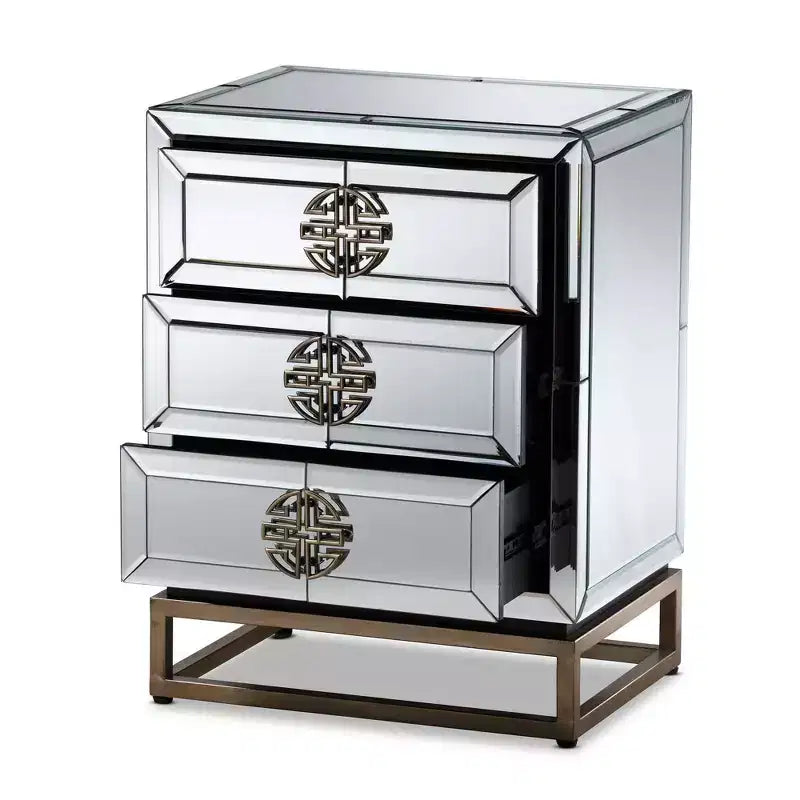 Table de chevet 3 tiroirs miroir Laken - Baxton Studio : Bronze antique élégant, Bords biseautés, Aucun assemblage requis