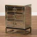 Table de chevet 3 tiroirs miroir Laken - Baxton Studio : Bronze antique élégant, Bords biseautés, Aucun assemblage requis