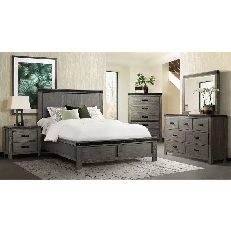 Ensemble de chambre à coucher 6 pièces King Montauk avec panneau gris - Picket House Furnishings : Comprend une commode, un chiffonnier et une table de chevet
