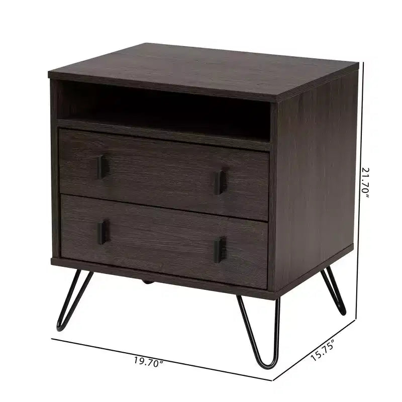 Table de chevet à 2 tiroirs Glover Wood and Metal Marron/Noir - Baxton Studio : Meuble de chevet moderne avec étagère ouverte