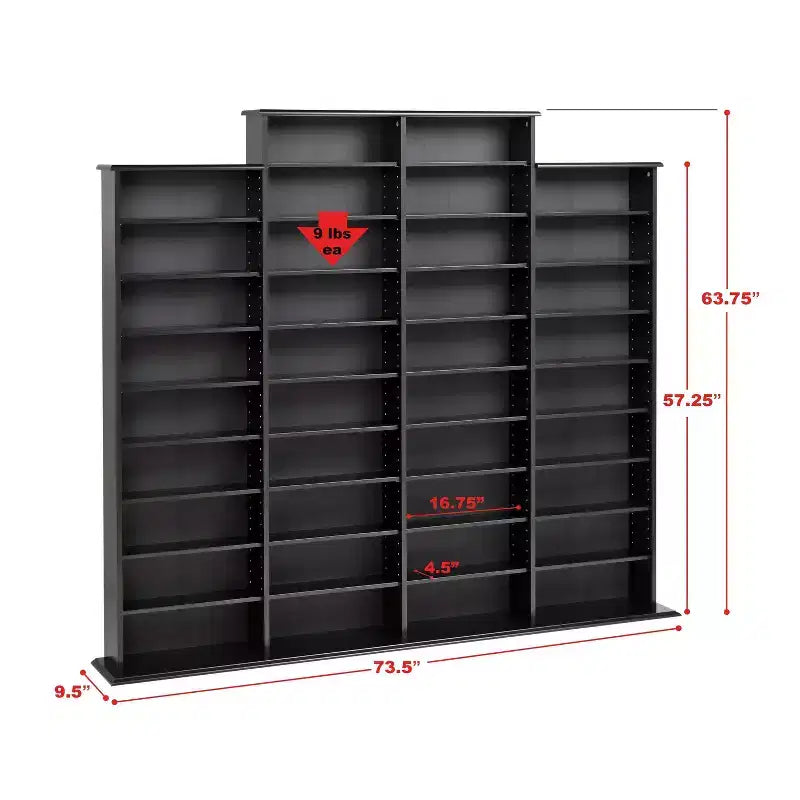 Étagère de rangement multimédia Prepac Grant noire : Peut contenir 1520 CD, 702 DVD, 34 tablettes réglables, en bois composite