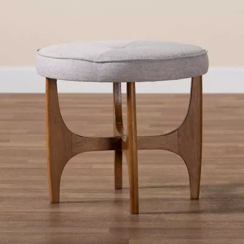 Repose-pieds ottoman Theo en tissu et bois beige grisâtre/brun noyer – Baxton Studio