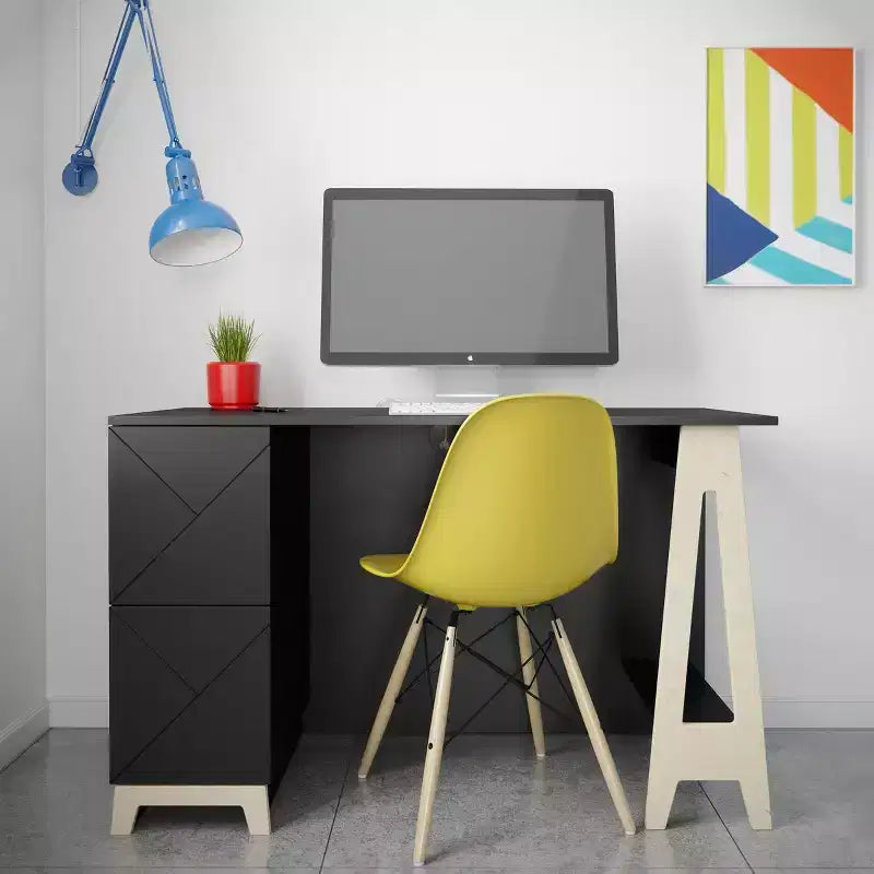 Nexera Atypik Bureau 2 Tiroirs Noir/Contreplaqué de Bouleau : MDF Laqué, Étagère de Rangement Ouverte, Assemblage par un Adulte Requis