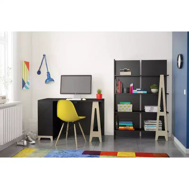 Nexera Atypik Bureau 2 Tiroirs Noir/Contreplaqué de Bouleau : MDF Laqué, Étagère de Rangement Ouverte, Assemblage par un Adulte Requis
