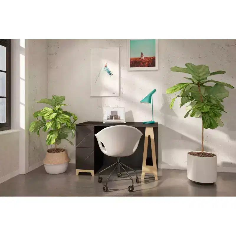 Nexera Atypik Bureau 2 Tiroirs Noir/Contreplaqué de Bouleau : MDF Laqué, Étagère de Rangement Ouverte, Assemblage par un Adulte Requis