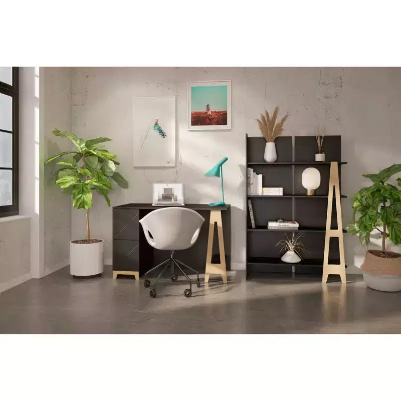 Nexera Atypik Bureau 2 Tiroirs Noir/Contreplaqué de Bouleau : MDF Laqué, Étagère de Rangement Ouverte, Assemblage par un Adulte Requis