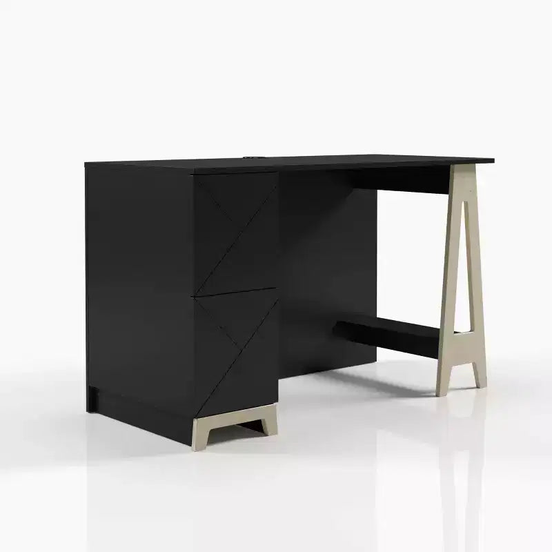 Nexera Atypik Bureau 2 Tiroirs Noir/Contreplaqué de Bouleau : MDF Laqué, Étagère de Rangement Ouverte, Assemblage par un Adulte Requis