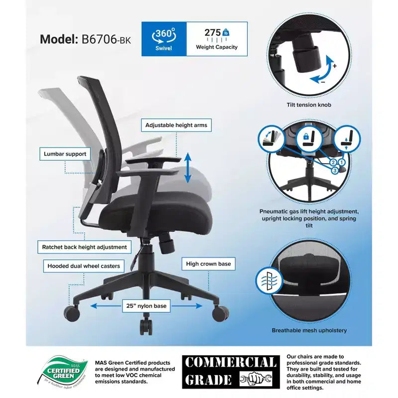 Chaise de bureau Boss Office Products dossier en maille noire : Ergonomique, accoudoirs réglables, pivotante, piètement nylon