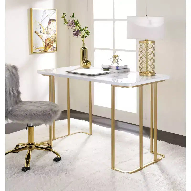 Bureau d'écriture Estie Blanc/Or de Acme Furniture : Bureau chic pour la maison, Table d'étude pour Ados et Enfants, Sans rangement