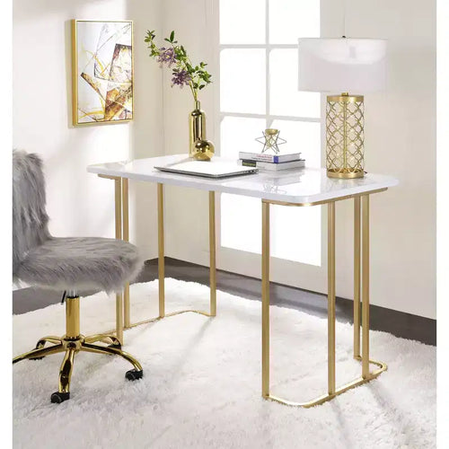 Bureau d'écriture Estie Blanc/Or de Acme Furniture : Bureau chic pour la maison, Table d'étude pour Ados et Enfants, Sans rangement