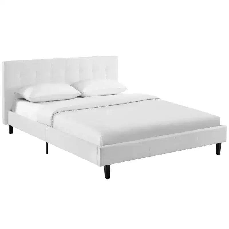 Lit Linnea de Modway, blanc : Tissu polyester rembourré, pieds en bois massif, support à lattes, pas besoin de sommier tapissier