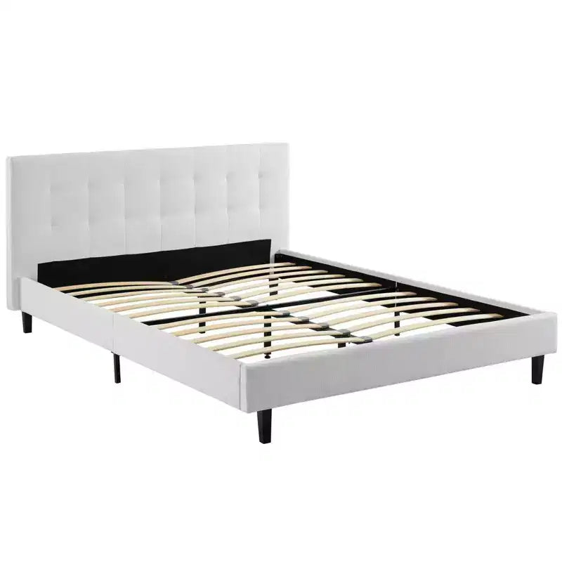 Lit Linnea de Modway, blanc : Tissu polyester rembourré, pieds en bois massif, support à lattes, pas besoin de sommier tapissier