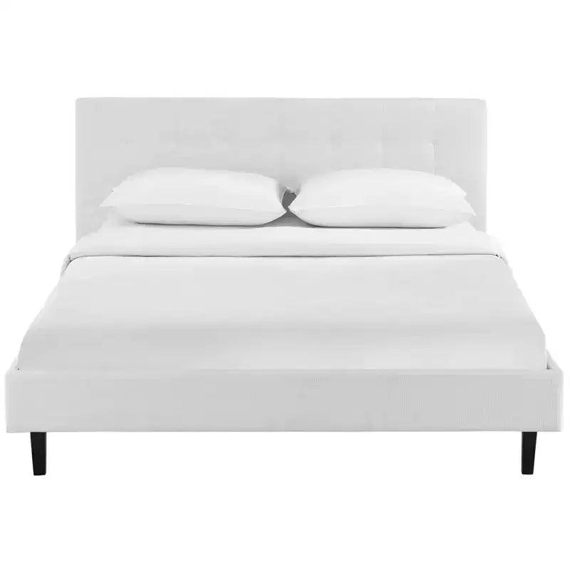 Lit Linnea de Modway, blanc : Tissu polyester rembourré, pieds en bois massif, support à lattes, pas besoin de sommier tapissier