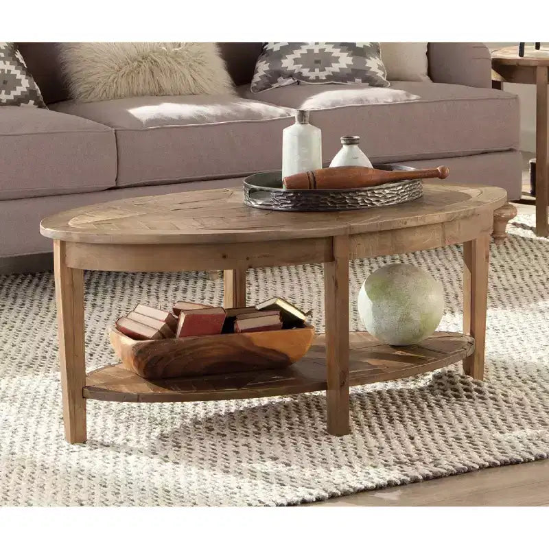 Table basse ovale Alaterre Revive de 122 cm avec étagère de rangement pour la décoration du salon, Naturel
