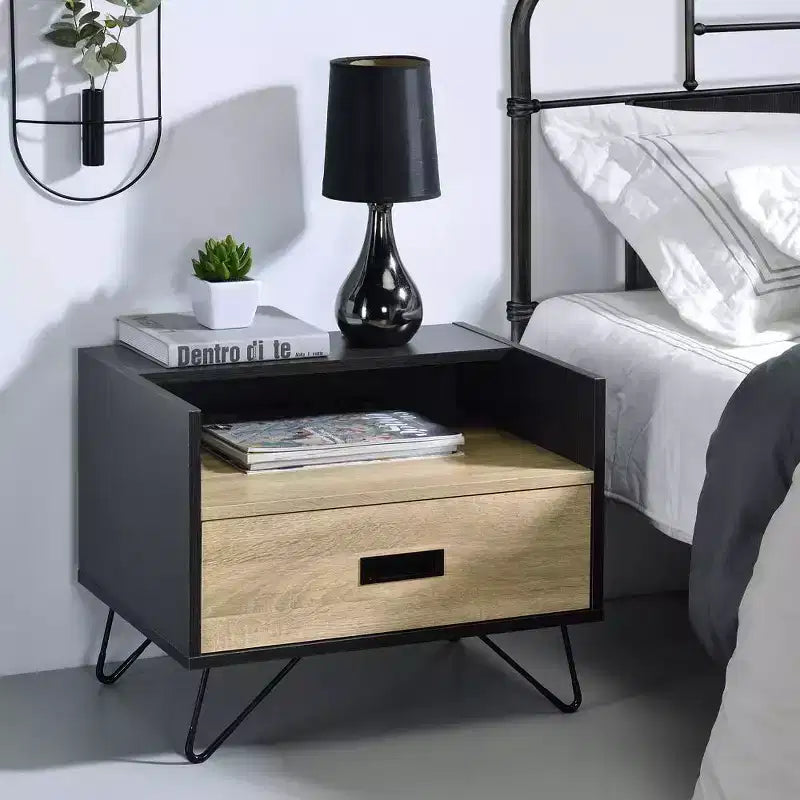 Table d'appoint Melkree 21" fini chêne/noir - Acme Furniture : style industriel, tiroir de rangement