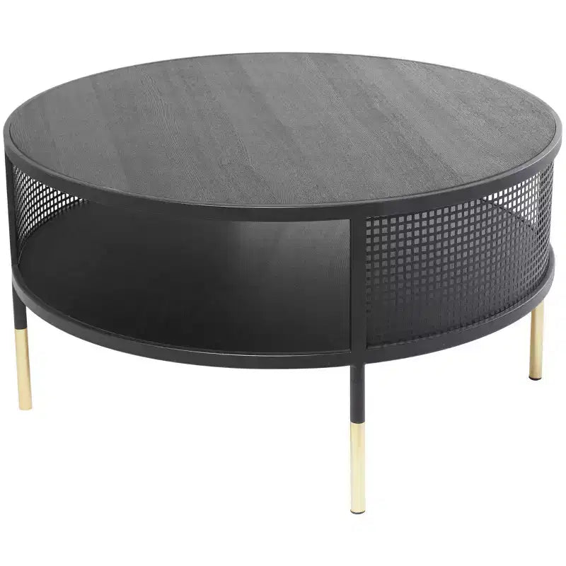 Olivia & May Table basse à 1 étagère avec cadre en treillis métallique ajouré et pieds dorés Noir : Style tambour moderne, aucun assemblage requis