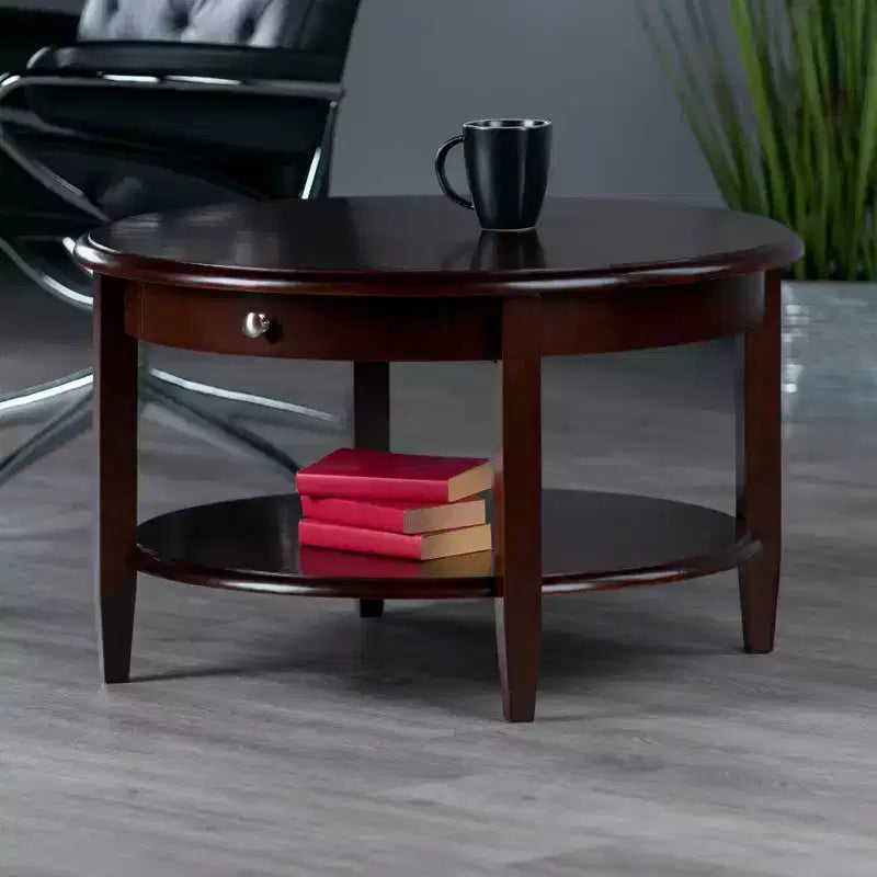Table basse ronde Concord avec tiroir et étagère - Noyer antique - Winsome