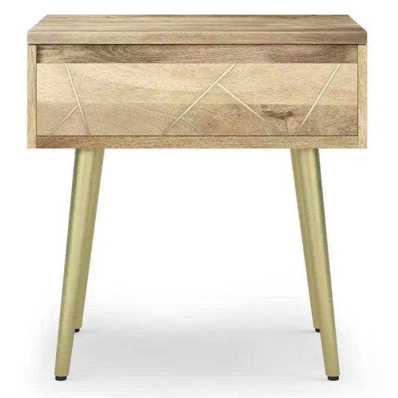 Table d'appoint Bissell Naturel - WyndenHall : Bois de manguier, incrustation de laiton, design moderne du milieu du siècle