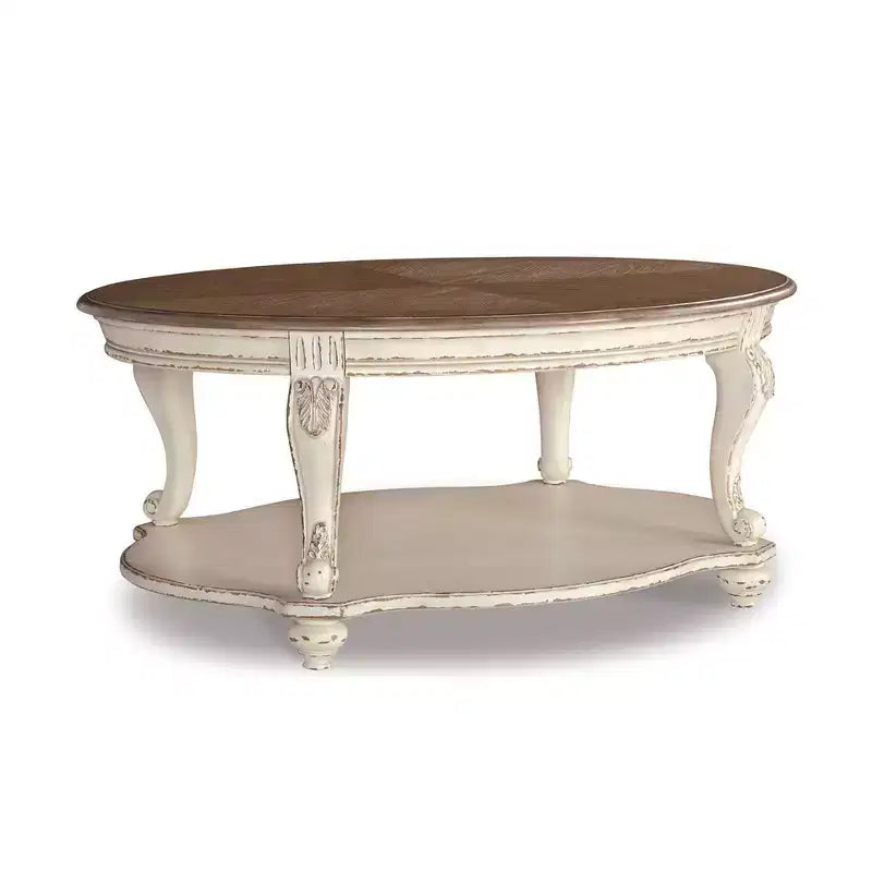 Realyn Coffee Table White/Brown - Signature Design by Ashley: Cottage Style, Distressed Wood Finish, Curved Legs