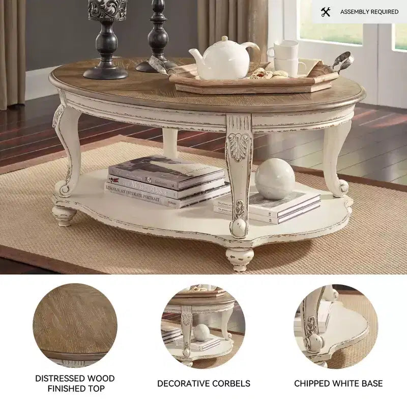 Table basse Realyn blanche/marron - Signature Design by Ashley : style cottage, finition bois vieilli, pieds incurvés