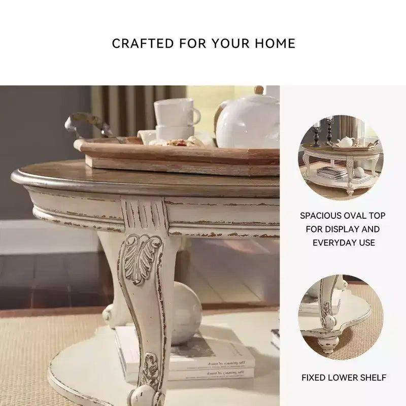Table basse Realyn blanche/marron - Signature Design by Ashley : style cottage, finition bois vieilli, pieds incurvés