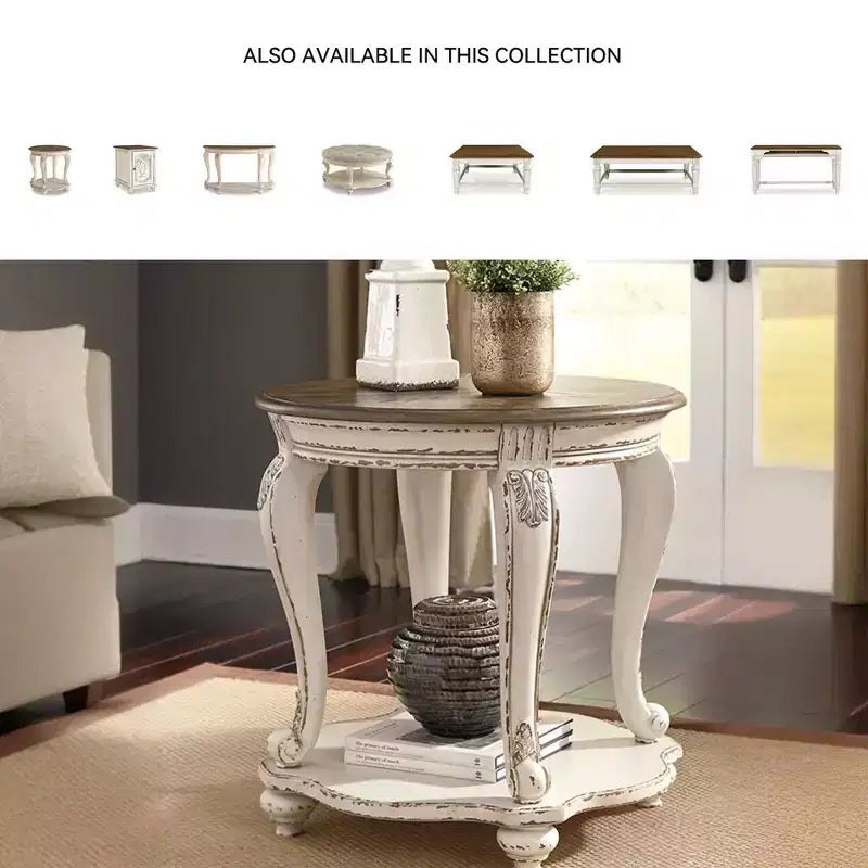 Table basse Realyn blanche/marron - Signature Design by Ashley : style cottage, finition bois vieilli, pieds incurvés