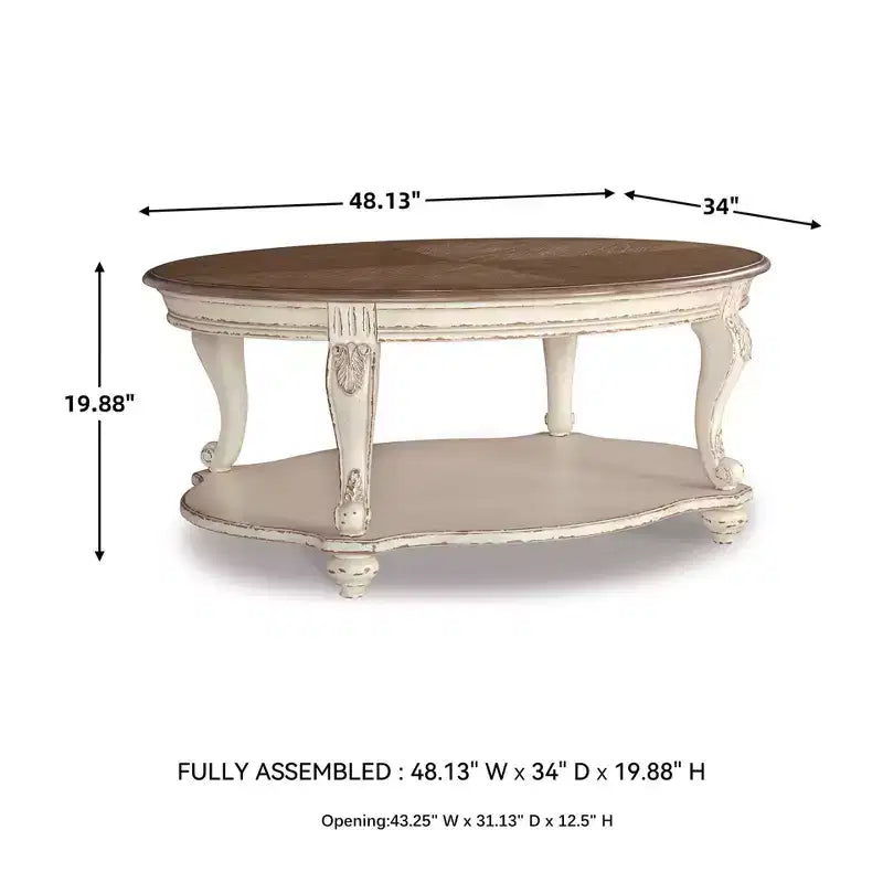 Table basse Realyn blanche/marron - Signature Design by Ashley : style cottage, finition bois vieilli, pieds incurvés