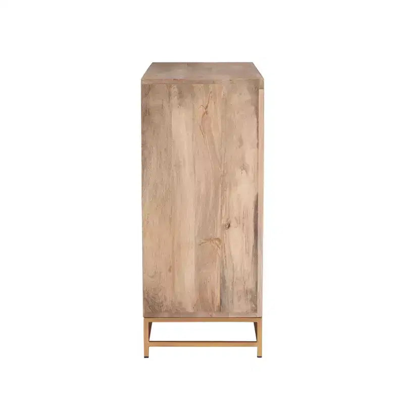Meuble de rangement Gordon avec porte coulissante en rotin naturel, 1 étagère et base en métal doré - Powell