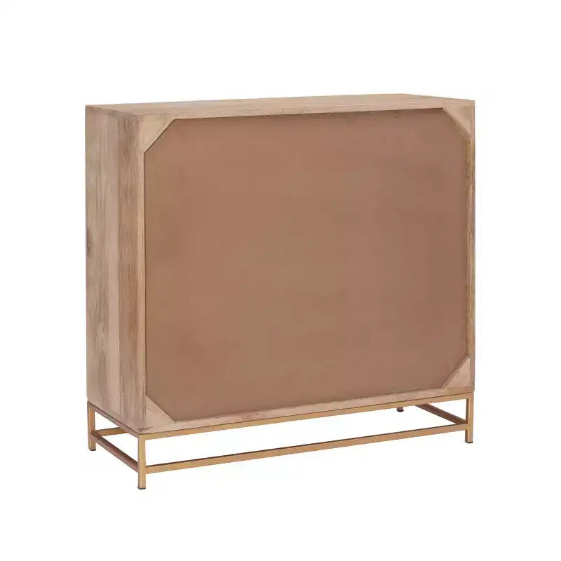 Meuble de rangement Gordon avec porte coulissante en rotin naturel, 1 étagère et base en métal doré - Powell